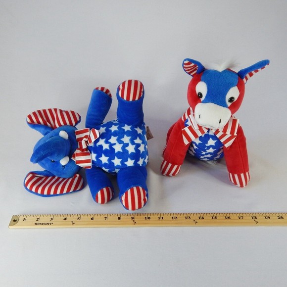 Set 2 Vtg Patriotic Election Mascots Elephant Donkey Plush Stars Stripe Red Blue - Picture 12 of 13